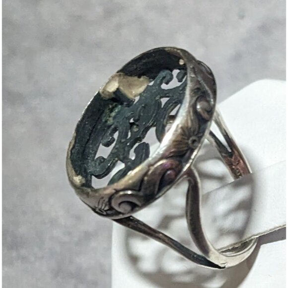 Vintage Sterling Silver Floral Scroll Concave Ring Size 7 1/2 - Picture 3 of 16